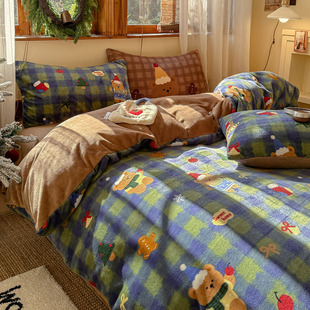 月光巴士圣诞格子卡通牛奶绒床上3四件套1.5米被套加绒床单珊瑚绒