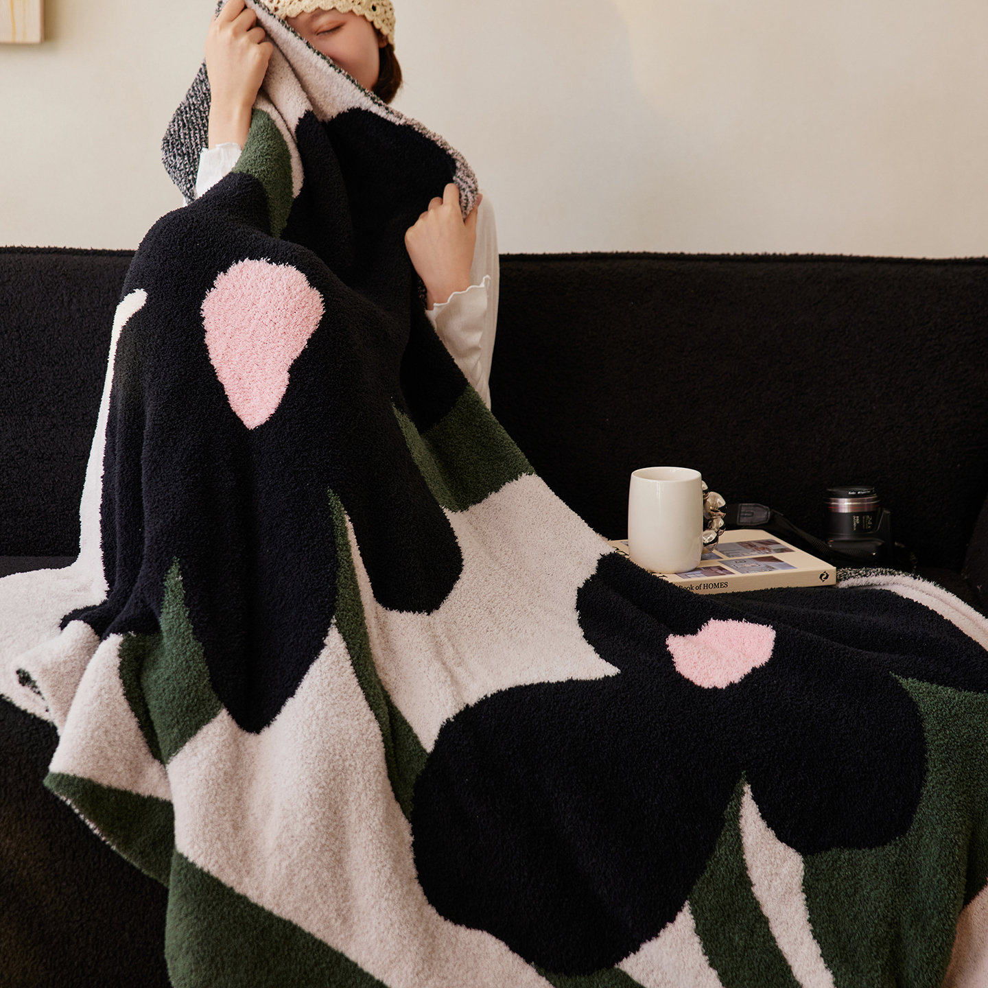 莫奈花园秋冬毛毯针织半边绒