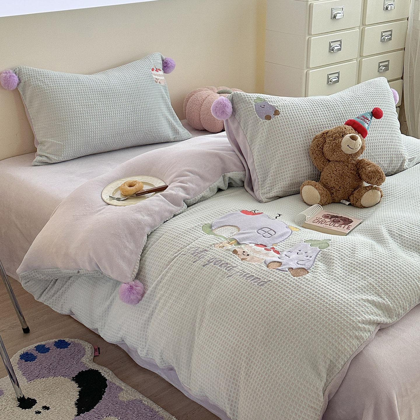 月光巴士冬季华夫格提花牛奶绒床上三四件套双面绒被套床单珊瑚绒,床上用品,床品套件/四件套/多件套,淘宝优惠券,粉丝福利购,淘宝优惠卷