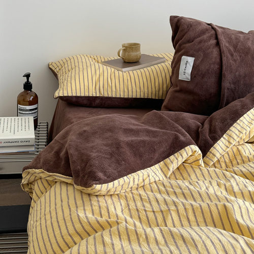 棉+绒秋冬侘寂风条纹四件套保暖