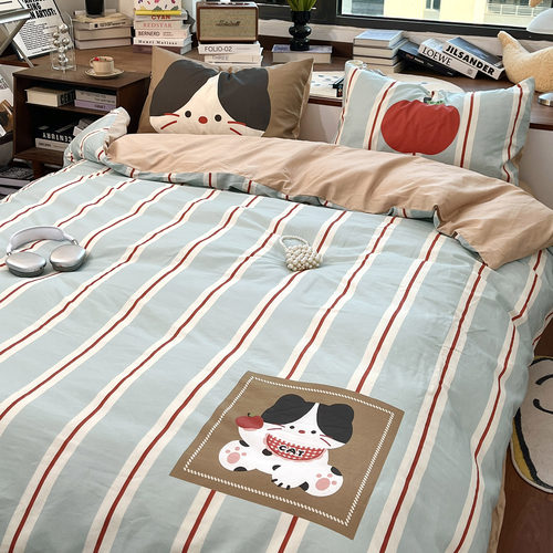 多巴胺风红蓝条纹纯棉床上四件套