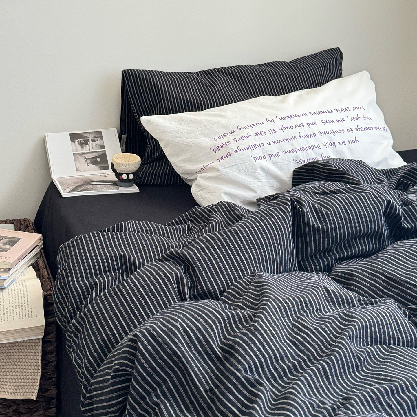 月光巴士松弛感美式极简黑条纹四件套纯棉水洗棉床单被罩1.8m床笠