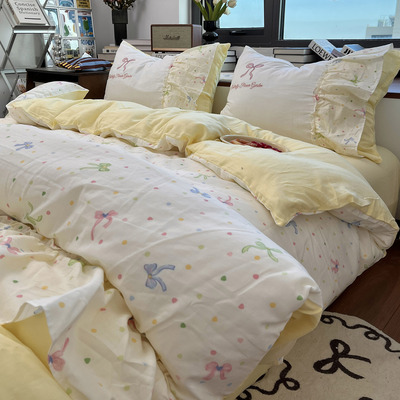 月光巴士奶油系双层纱全棉四件套1.8米蝴蝶结绣花被套纯棉床单笠