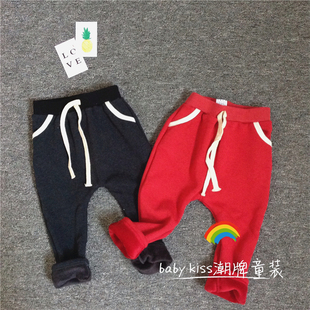 男童加绒打底裤秋冬季Q2婴幼儿韩版哈伦裤中小童宝宝红色黑长裤子
