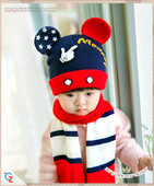 婴儿帽子秋冬季 Q2童卡通耳朵小手帽男女宝宝毛线帽围巾两件套装