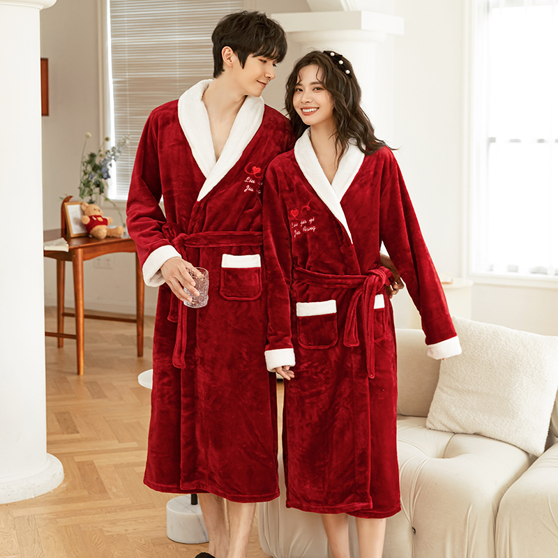 法兰绒男士睡袍女士情侣睡衣秋冬季珊瑚绒浴袍式加厚保暖长款居家