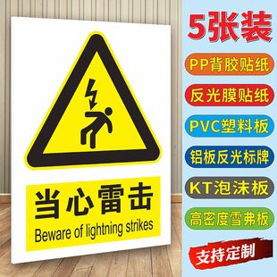 当心雷击警示牌防雷接地标志牌必须接地标志牌接地安全提示牌铝板反光膜贴纸变电站配电箱高压危险安全标识牌