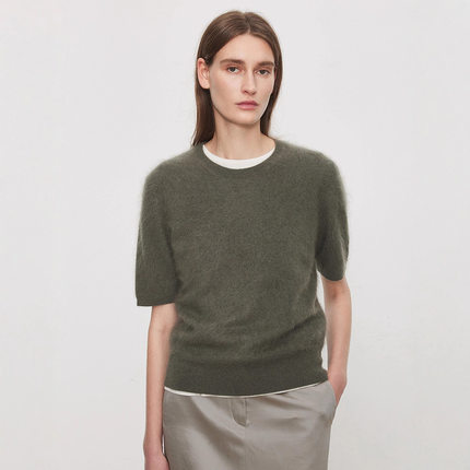 TH～ROW小众奢柔棉花糖密绒感真丝羊绒拉毛纱经典圆领短袖上衣