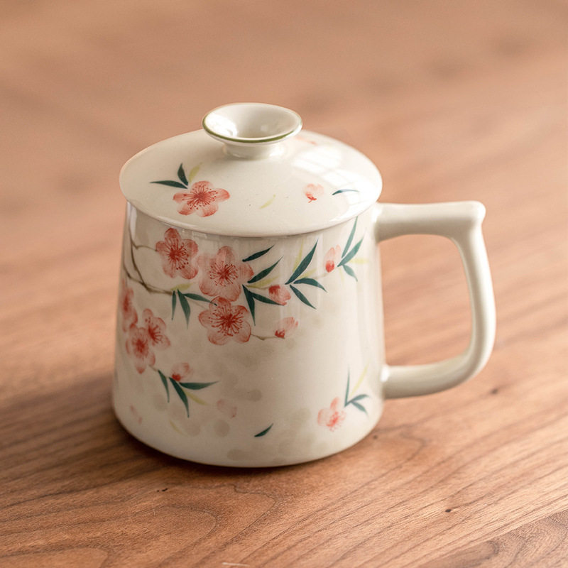 中式桃花手绘马克杯带盖陶瓷水杯茶杯女士高颜值茶水分离办公杯子,餐饮具,茶杯,淘宝优惠券,粉丝福利购,淘宝优惠卷