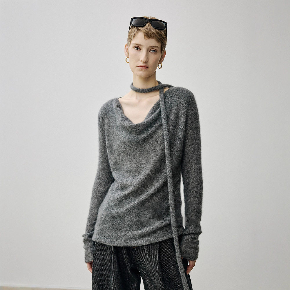 TH～ROW真丝羊绒羊毛蓬松轻盈松弛卷边小腊肠飘带荡领针织上衣