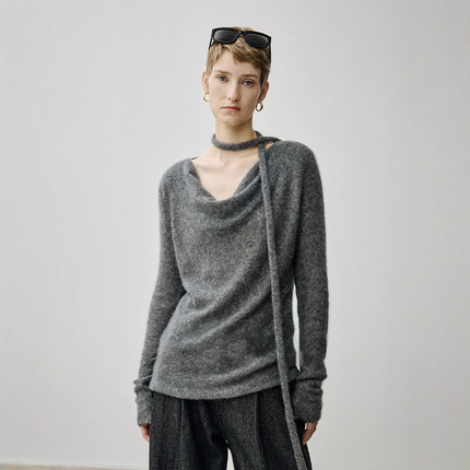 TH～ROW真丝羊绒羊毛蓬松轻盈松弛卷边小腊肠飘带荡领针织上衣