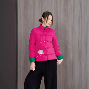 冬季文艺复古中国风刺绣短款女2026宽松立领白鸭绒羽绒服保暖外套