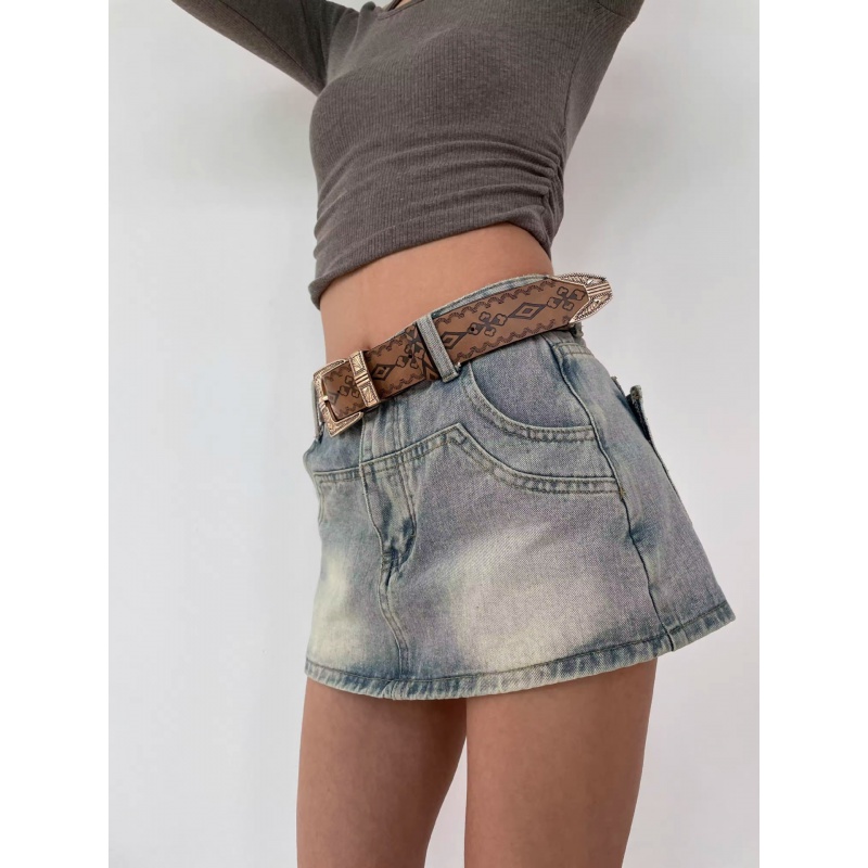 复古印花雕花头棕色皮带波西米亚民族风辣妹腰带男女同款牛仔裤带