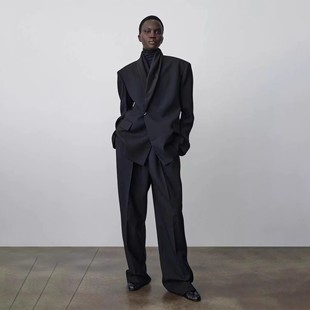 女冷淡风极简2025春秋小众设计西服上衣 高定醋酸领黑西装 ROW