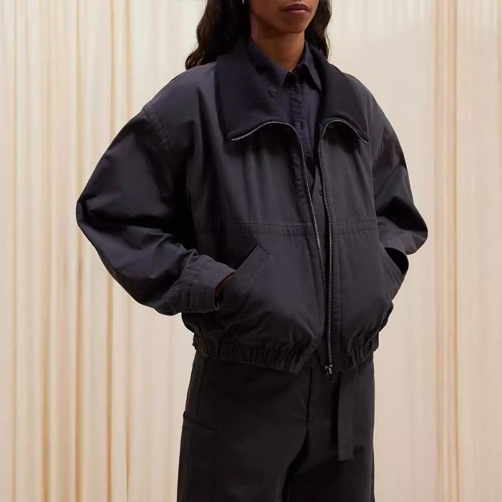 LEM 假两件水洗棉外套女短款2025秋冬季新款宽松复古高领拉链夹克