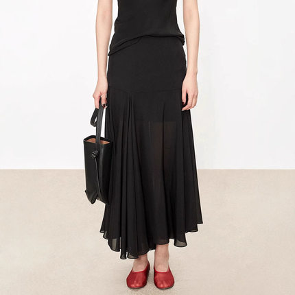 Th~ Row 雪纺真丝双层假2件美学拼接不规则裙摆半裙高腰半身裙女