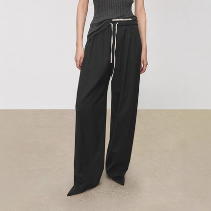 TH～ROW条纹翻折腰气球裤_意大利可机洗羊毛拼雨露麻松紧腰圆弧裤