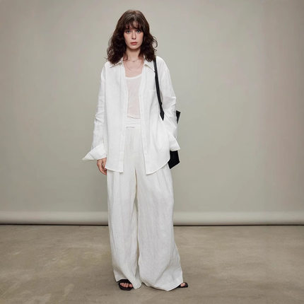 TH~ ROW 白色麻料套装慵懒自在老钱100亚麻防晒长袖衬衫/休闲裤套