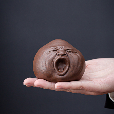 茶宠打哈欠人头像紫砂茶宠精品可养搞怪表情茶玩茶具茶桌摆件