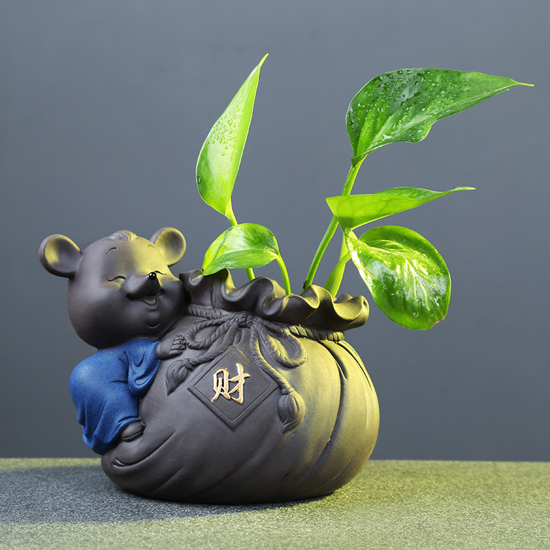宇轩 创意手工小花器紫砂茶宠摆件茶玩茶艺鼠你有钱花插家居摆件