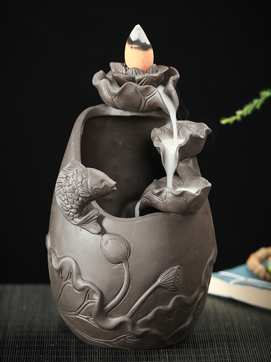 宇轩 紫砂茶宠倒流香炉锦鲤摆件鱼戏荷塘手工可爱招财件茶桌茶玩