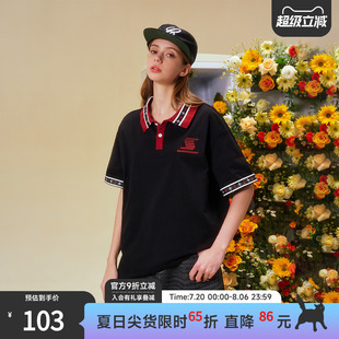 SuaMoment抓痕十字纹刺绣翻领polo衫 T恤 男女夏季 宽松休闲情侣短袖