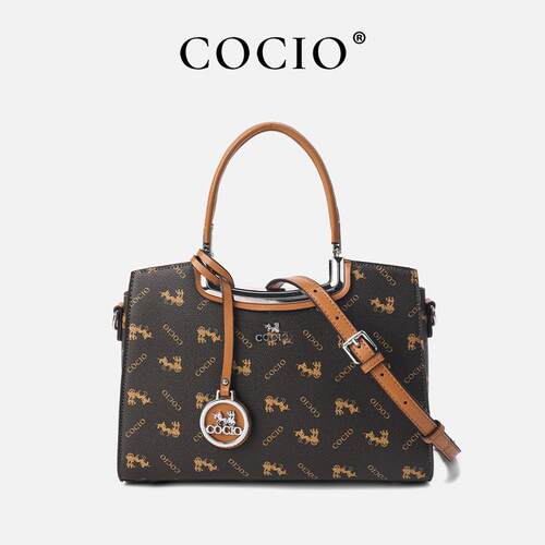 COCIO跨境女士手提包PU老花咖啡单肩斜挎包女包视频带货