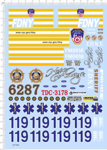 67784整版胶1/18纽约消防车FDNY救护车 DIAL 911NEW YORK水贴现货