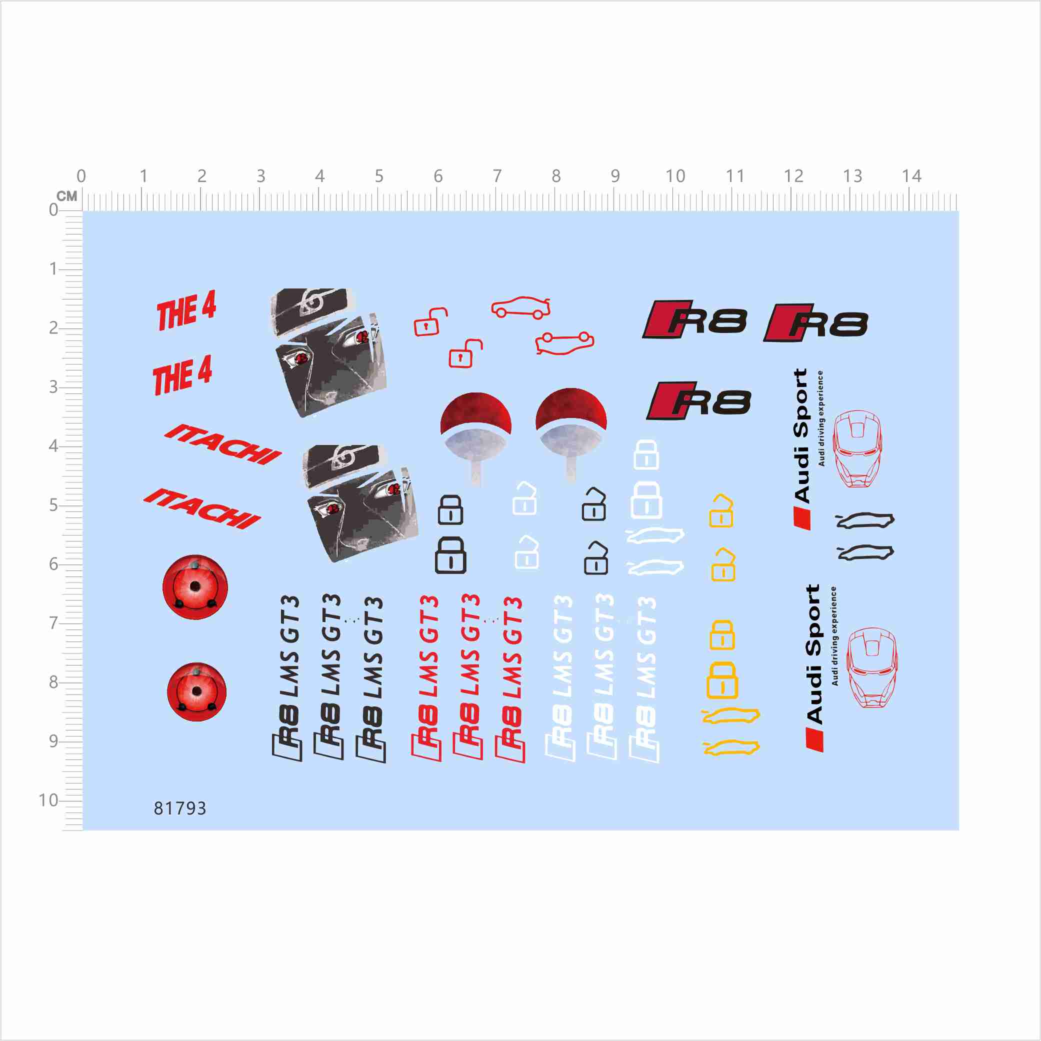 81793模型水贴gt3火影THE4车钥匙涂装奥迪R8扣itachi钢铁侠2404