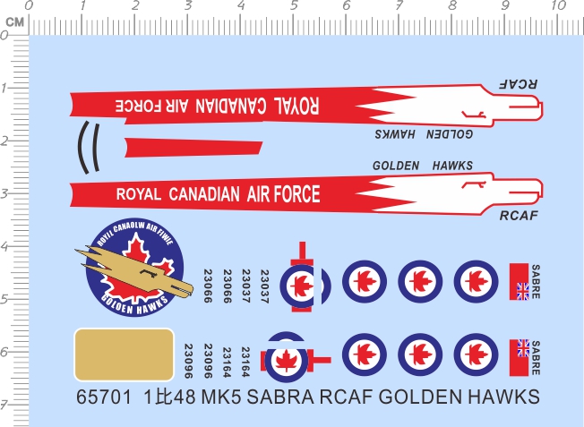 65701加拿大飞机1/48 MK5 SABRA RCAF GOLDEN HAWKS剪纸模型水贴