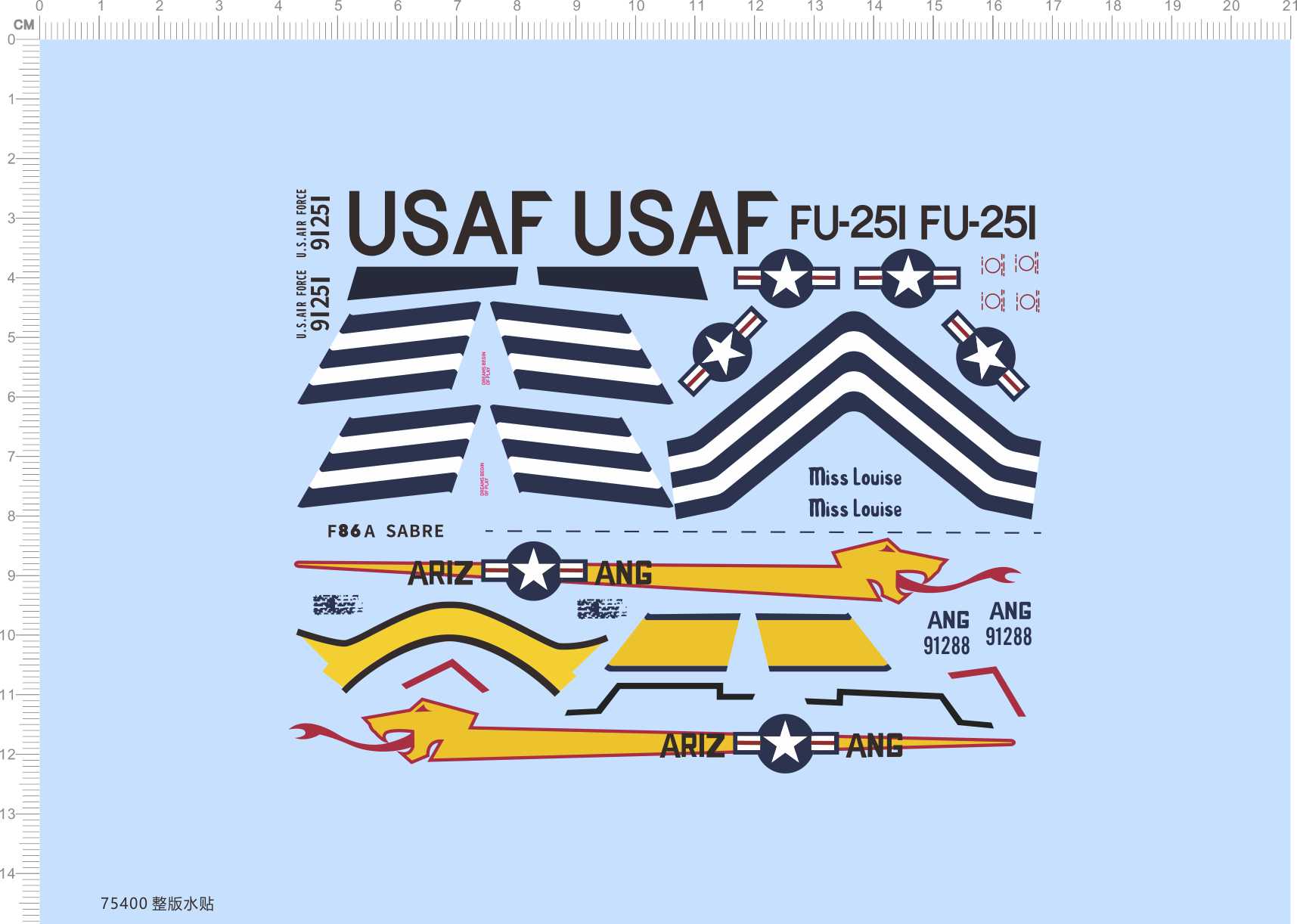 75400 F86A ARIZ USAF 比例模型飞机水贴定做打印2309