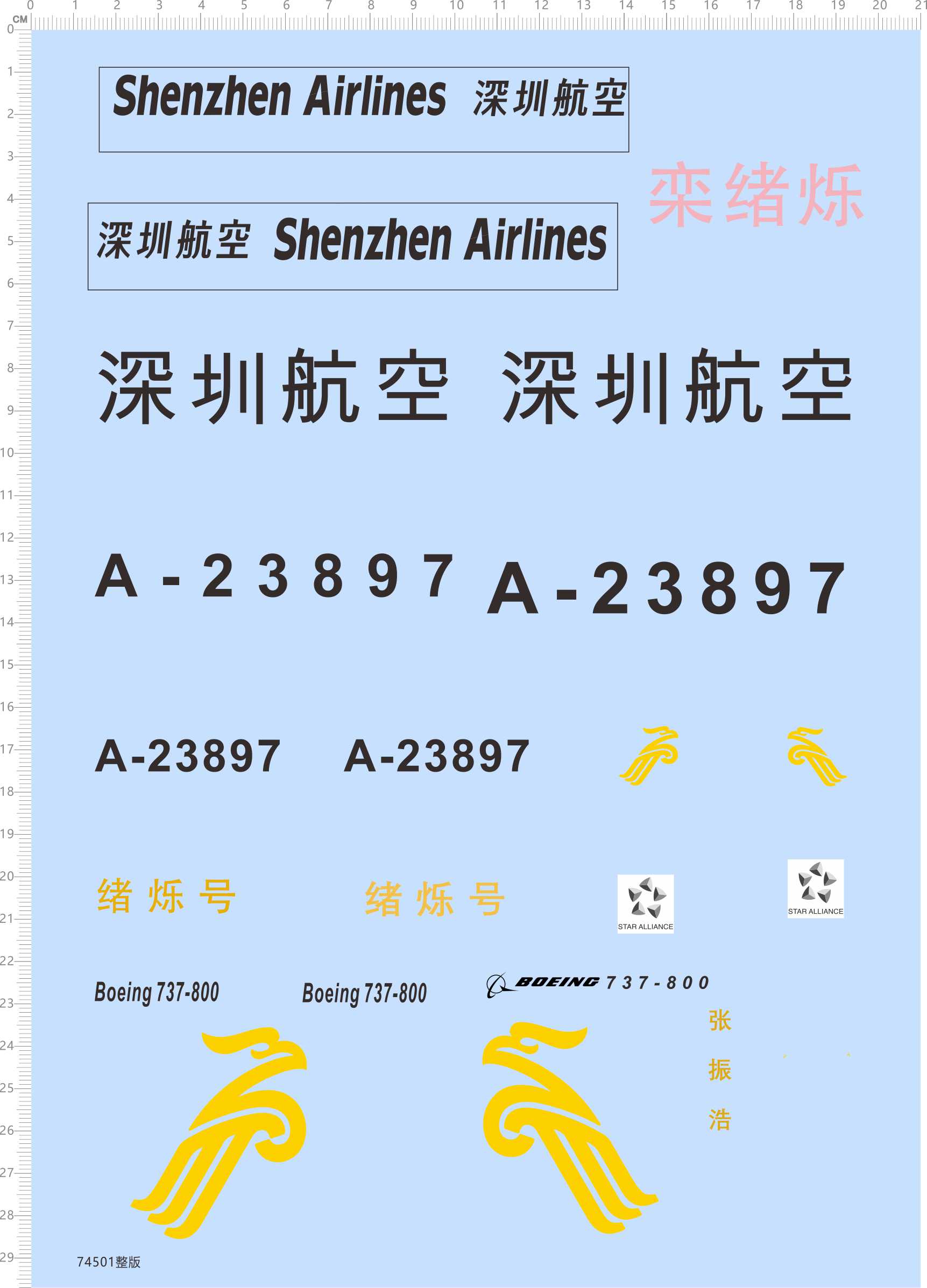 74501整版 深圳航空 绪烁号 飞机模型水贴定做打印六月