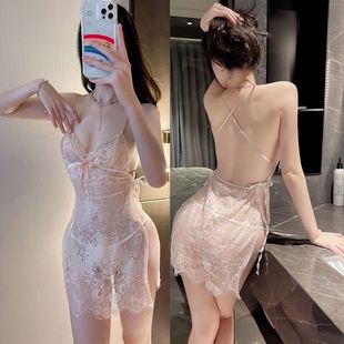 胖mm小胸聚拢内衣露背 大码 欲遮还羞 性感女蕾丝吊带睡裙透视薄款