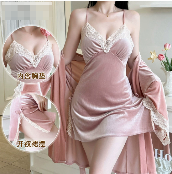性感睡衣女秋冬新款丝绒开衩吊带