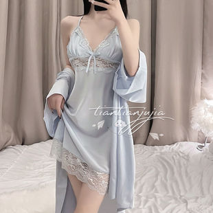 睡袍春秋款 带胸垫蕾丝冰丝吊带睡裙套装 2023年新款 性感睡衣女夏季