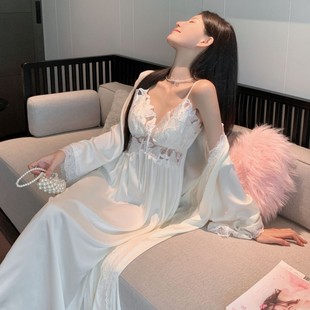 法式 浪漫吊带睡裙超长女带胸垫宫廷风睡袍丝质两件套高级感睡衣