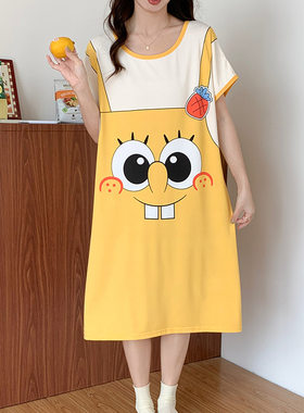 睡衣女夏天睡裙女士宽松大码短袖春季中长款孕妇家居服可外穿睡裙