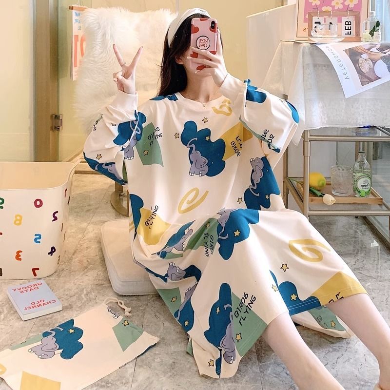 特大码300斤睡裙女春秋季新款宽松过膝胖mm260长袖睡衣孕妇家居服