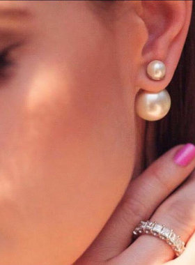 天然珍珠耳环个性前后大小双面耳钉女气质日韩国耳饰简约百搭纯银