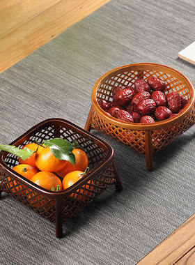 手工竹编大漆水果篮中式复古圆形家用收纳筐零食点心篮茶点盒竹篓