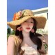 ROSYX 草编帽子海边度假沙滩帽大帽檐花朵遮阳帽 拉菲草帽女夏季