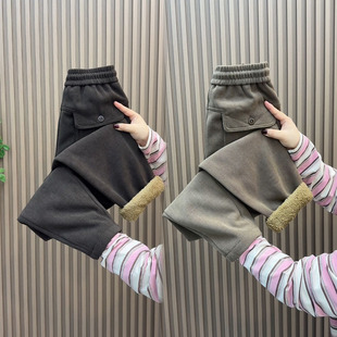松紧腰哈伦裤 冬季 女羊羔绒宽松显瘦百搭直筒裤 加绒加厚休闲裤 新款