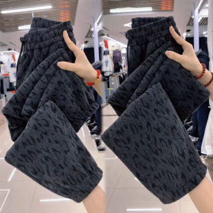 女百搭显瘦高腰束脚裤 冬季 新款 灰色豹纹休闲裤 加绒加厚直筒拖地裤