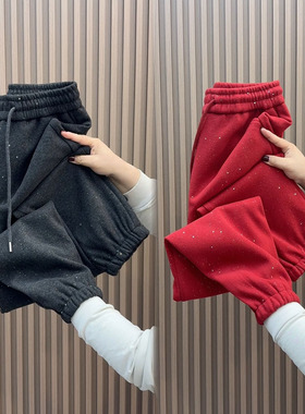 冬季新款加绒加厚高腰亮片束脚哈伦裤女百搭显瘦休闲裤宽松运动裤