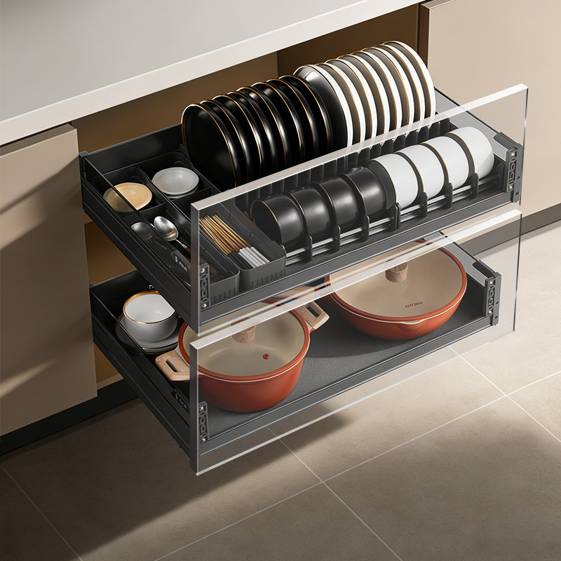 欧琳橱柜拉篮厨房橱柜双层抽屉式碗碟收纳篮太空铝合金置物架拉篮,家装主材,拉篮,淘宝优惠券,粉丝福利购,淘宝优惠卷