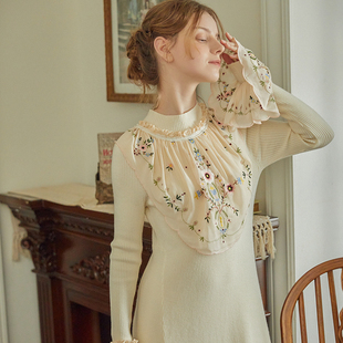 法式 复古喇叭袖 刺绣 森女修身 针织连衣裙 脸儿艺 打底 2025秋冬