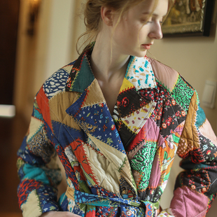 脸儿艺原创2025秋冬新品 森女 拼布复古 修身 长款 保暖棉服