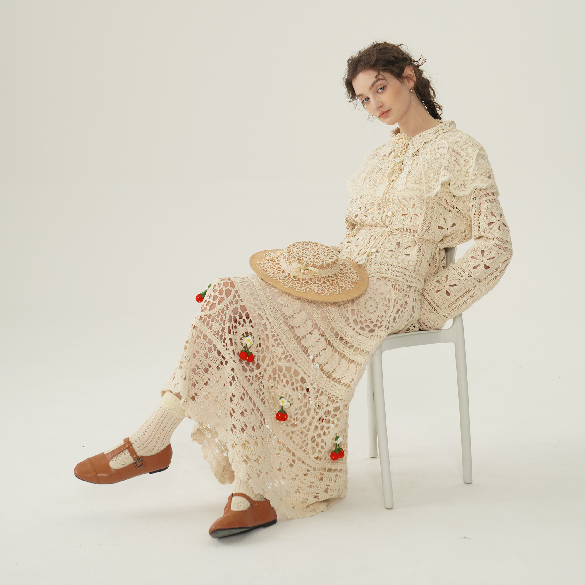 脸儿艺 手工钩花 立体红果子 森系百搭 棉质针织 大摆半身裙