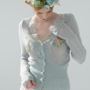 脸儿艺 原创手工绣花 法式立体绣小蔷薇玫瑰 修身蕾丝针织衫