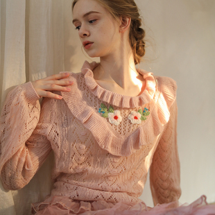 木耳领 粉嫩嫩 手工绣花薄款 法式 森女毛衣 脸儿艺 复古套头 淡雅